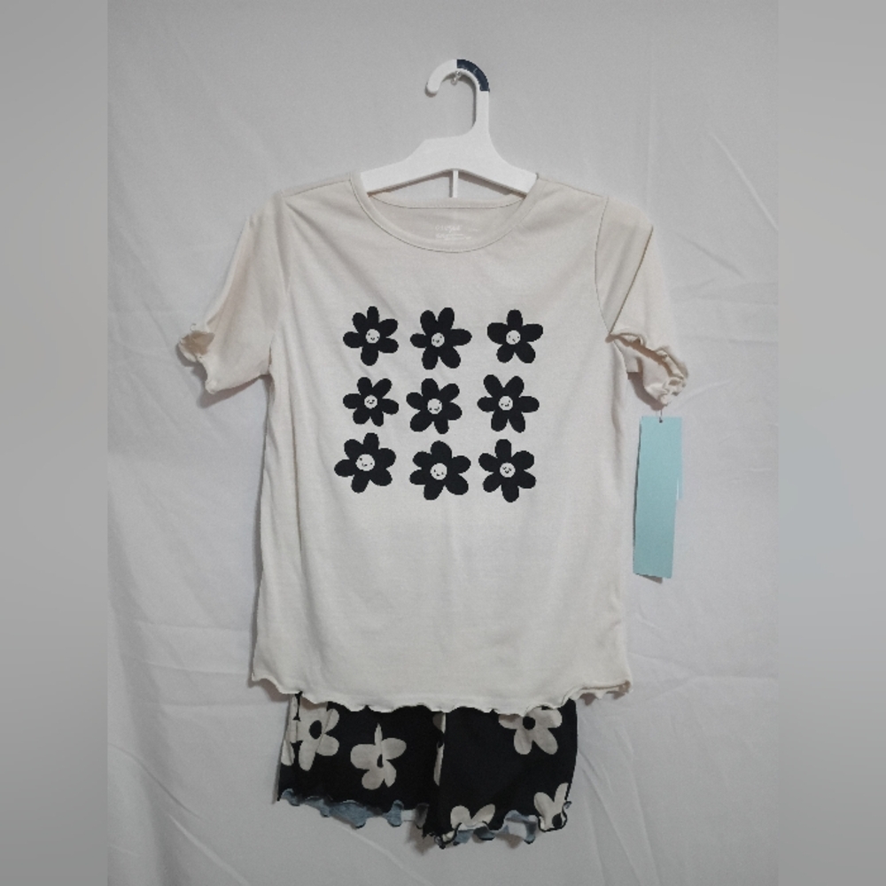 Floral Print Girls Large Pajamas Set - Cream and Black